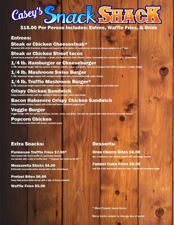 Caseys Snack Shack Catering menu